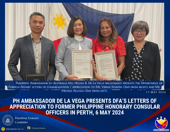 PH Ambassador De La Vega presents DFA's Letters of Appreciation to